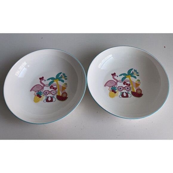 Set Of 2 Sanrio Hello Kitty Beach Summer Tropical Ceramic Pasta Dinner Bowls NEW - Picture 1 of 10